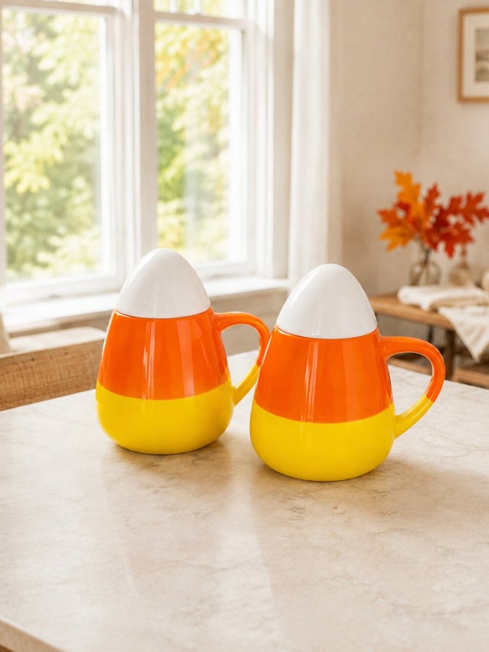 Mr. Christmas Candy Corn Mugs Set of 2 Ceramic Halloween NWT